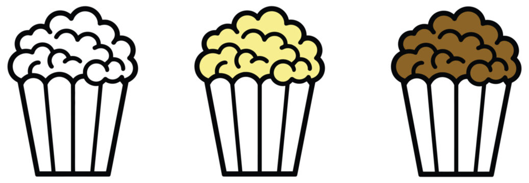 Popcorn icon representing simple popcorn bucket symbol, cinema snack food, movie theater entertainment, and fresh popped corn serving vector