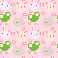 Fototapeta premium Seamless pattern featuring faces of rabbits cats and frogs with small hearts and speech bubbles on a soft pink background for pet care and nursery textile themes