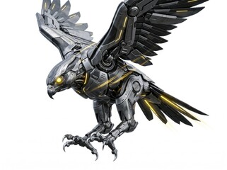 Fototapeta premium Mechanical eagle robot with glowing eyes and wings spread isolated on white background