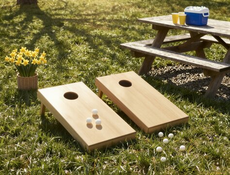 Pair of cornhole boards by picnic bench on sunlit lawn
