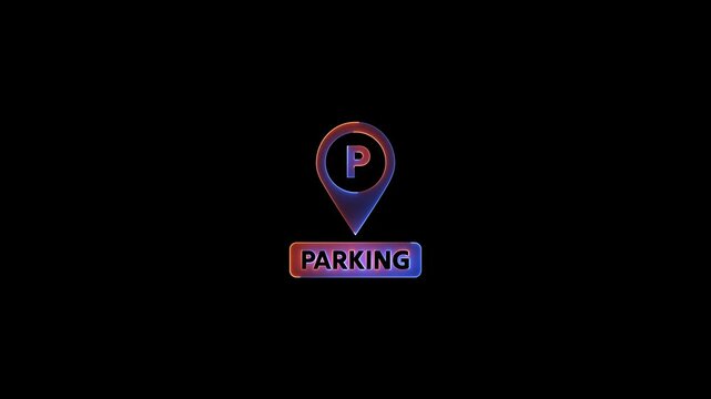 Neon glowing Parking Icon Pin Marker video animation on black background. Parking location, icon of parking location animation. Neon car, cycle, truck, motorcycle, zeep parking sign video animation.