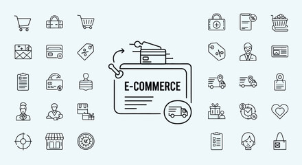 E-commerce concept with shopping cart and delivery truck icons. © Abdur