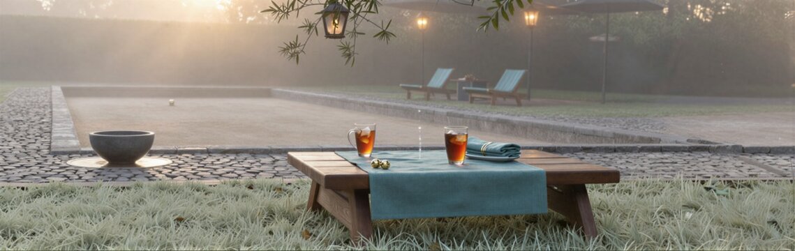 Low wooden table holding iced drinks near poolside morning