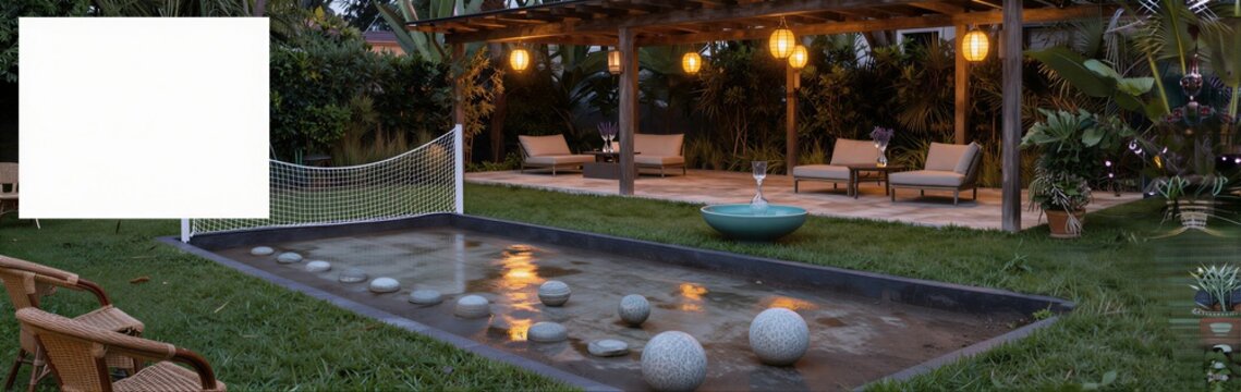 Garden water feature reflecting lights beside seating area