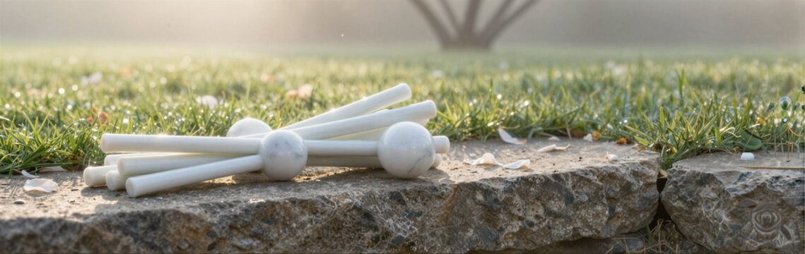 White bocce balls resting on stone ledge with dewy grass