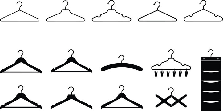 Clothes Hanger Icon Set with Different Styles Including Wooden Plastic and Metal Hangers for Fashion Closet Organization Wardrobe Storage and Retail Displays