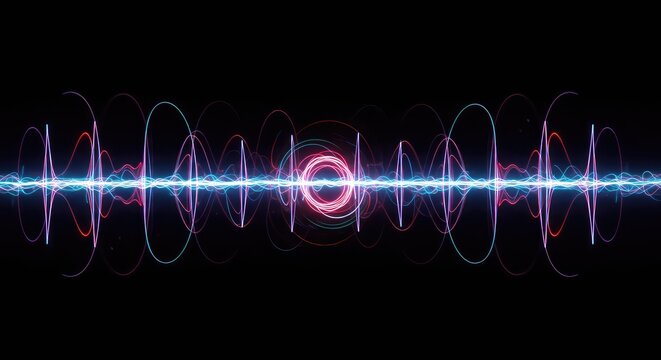 Abstract graphic display showing repeating energy pulses or wave patterns representing cycles and measurable vibration, geometric, rhythm, dynamic