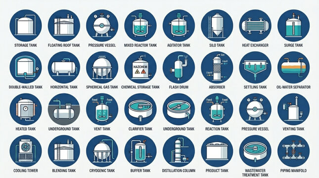 Collection of Industrial Equipment Icons and Symbols.