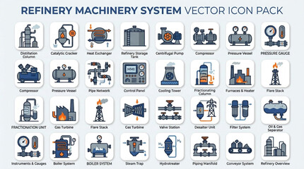 Refinery Machinery System Vector Icon Pack Collection. © Joni
