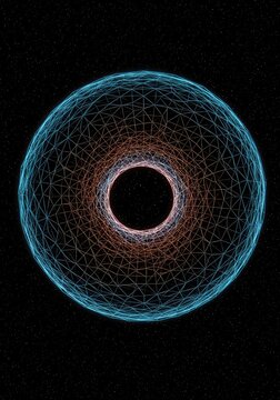 Abstract visualization of spacetime warping, illustrating the powerful fundamental force of gravity distorting the universal grid structure, energy, massive, mesh