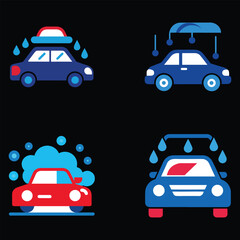 Obraz premium Car wash icons with different colored vehicles being washed with water and soap on a solid background