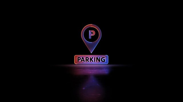 Neon glowing Parking Icon Pin Marker video animation on black background. Parking location, icon of parking location animation. Neon car, cycle, truck, motorcycle, zeep parking sign video animation.
