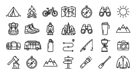 Camping and outdoor travel outline icon collection with adventure vector illustrations © Jasim