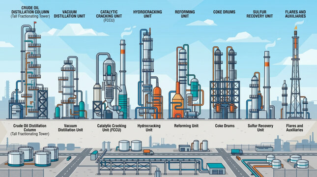Industrial oil refinery complex with distillation towers and storage tanks.