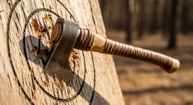 Tomahawk axe embedded in wooden target for outdoor axe throwing activity for advertising social media banner website marketing and commercial editorial use
