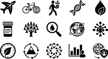 Comprehensive Ecology and Technology Icon Set with DNA Helix Global Travel Social Connection Medical Research and Environmental Sustainability Symbols for Corporate and Education Design © Sabbir Studio