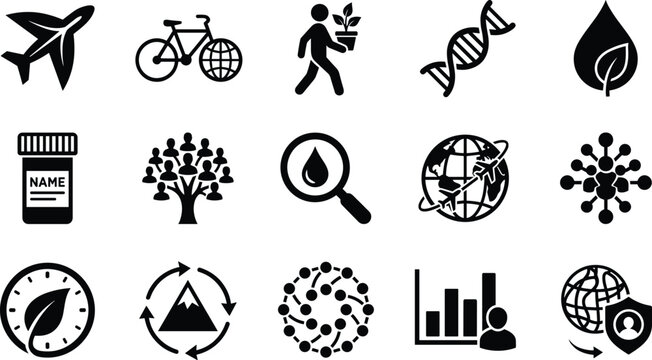 Comprehensive Ecology and Technology Icon Set with DNA Helix Global Travel Social Connection Medical Research and Environmental Sustainability Symbols for Corporate and Education Design