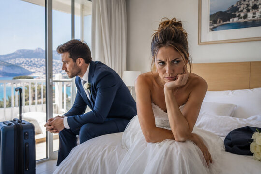Angry newlywed couple arguing during honeymoon in hotel room