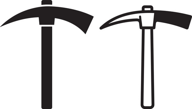 Two pickaxe icons, mining tool, work equipment, silhouette