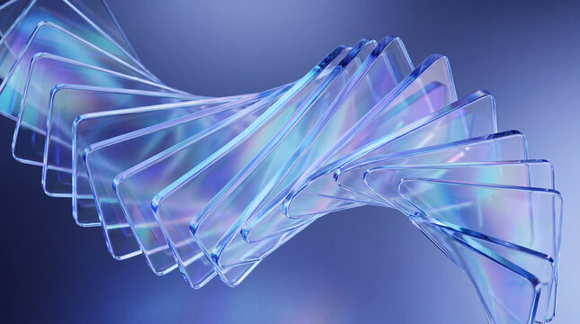 Abstract composition of transparent glass plates arranged in a dynamic horizontal spiral.