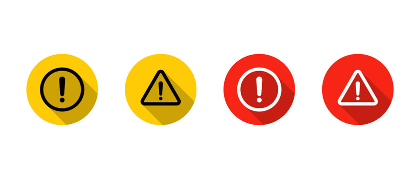 Warning caution icon with exclamation mark. Alert, danger symbol with long shadow