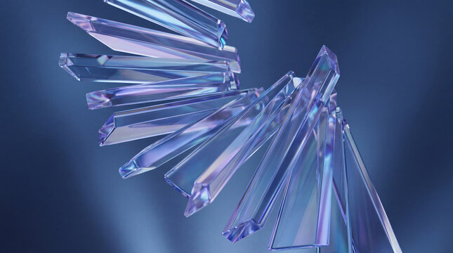Abstract spiraling crystal forms with transparent surfaces refracting light and creating iridescent reflections on.