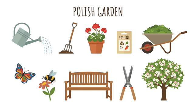 Polish Garden Elements Collection with Tools and Nature.