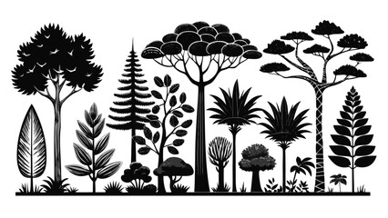 Diverse collection of stylized trees against a white background in a monochrome silhouette © kzaman
