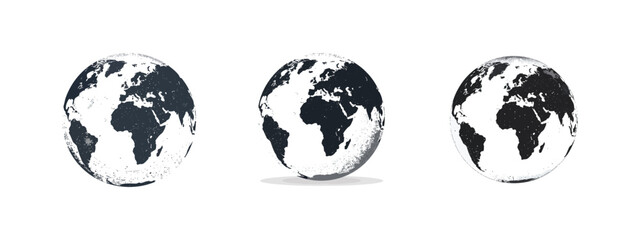 Fototapeta premium Three black and white globe illustrations with grunge texture on white background
