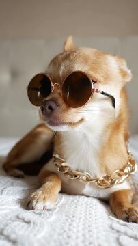 A funny and playful Chihuahua wearing sunglasses. A close-up of a sweet, playful red puppy. The purebred dog is lying on the sofa in the living room. Vertical video for advertising.