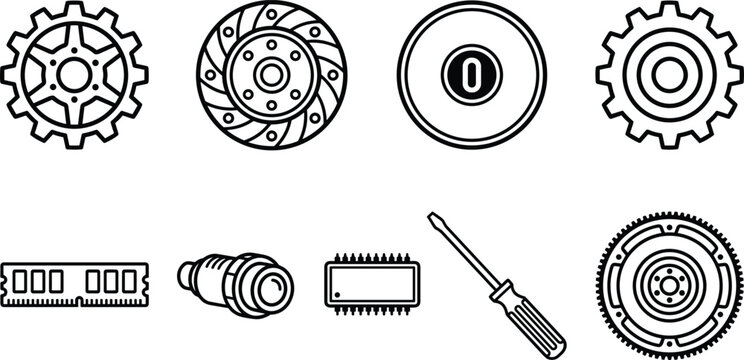 Professional Mechanical Engineering and Computer Hardware Icon Set Featuring Gears Cogwheels Screwdriver RAM Microchip and Automotive Parts for Industrial and Technical Designs
