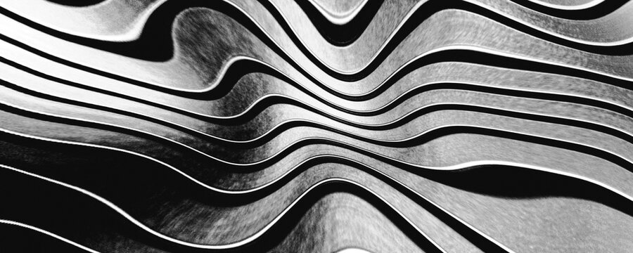 monochrome abstract background that plays with visual perception through rhythm and movement with physical materials such as brushed metal