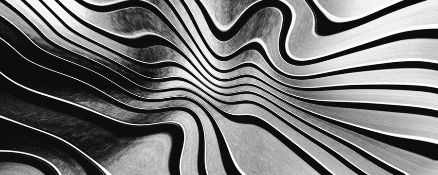 monochrome abstract background that plays with visual perception through rhythm and movement with physical materials such as brushed metal