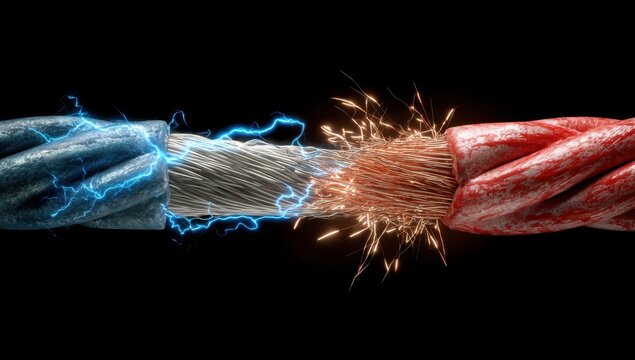 Close-up of frayed electrical wires sparking with blue and red energy on black background.