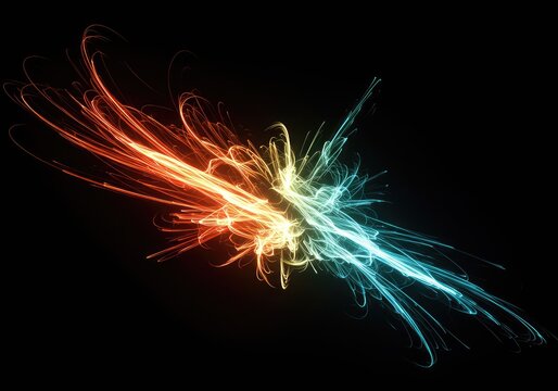 A powerful flow of vibrant energy expressed through swirling light trails and abstract particle dynamics, symbolizing change and motion, particle, momentum, energy