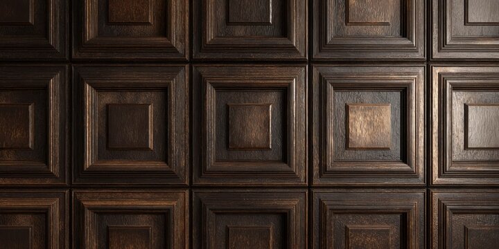 Dark Wood Coffered Ceiling Panels with Geometric Square Pattern.