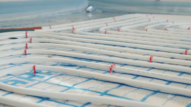 Camera slide over underfloor heating pipes installation with a focus on meticulous arrangement.