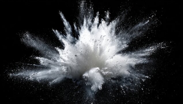 Explosion of White Powder Against a Black Background.