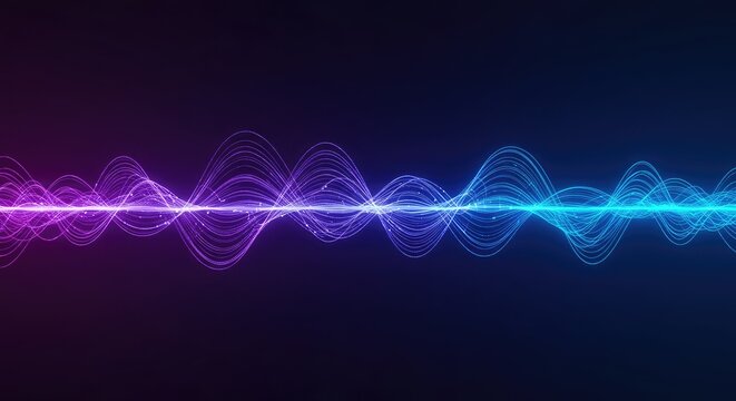 Abstract blue and purple glowing sine wave pattern showing digital rhythm, frequency, and continuous motion flow, geometry, visualization, theoretical