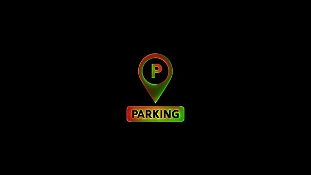 Neon glowing Parking Icon Pin Marker video animation on black background. Parking location, icon of parking location animation. Neon car, cycle, truck, motorcycle, zeep parking sign video animation.