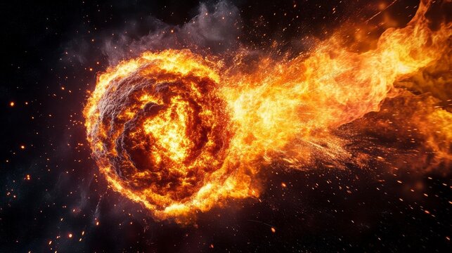 Fiery asteroid blazing across dark space, leaving fiery trail.