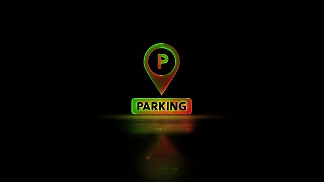 Neon glowing Parking Icon Pin Marker video animation on black background. Parking location, icon of parking location animation. Neon car, cycle, truck, motorcycle, zeep parking sign video animation.