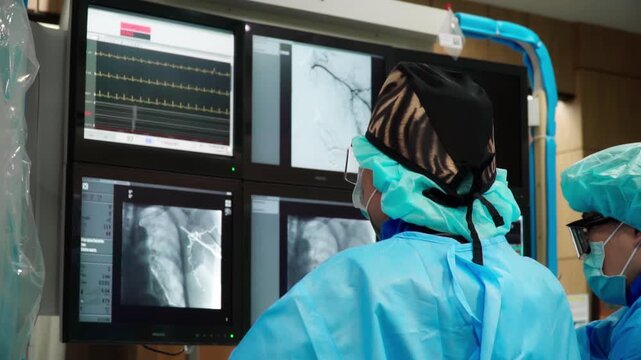 Modern methods of analysis and human research with multiple monitors. Medical Screens with indicators.