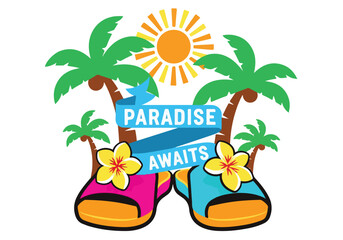 Obraz premium Vibrant tropical getaway illustration with colorful flip flops and palm trees