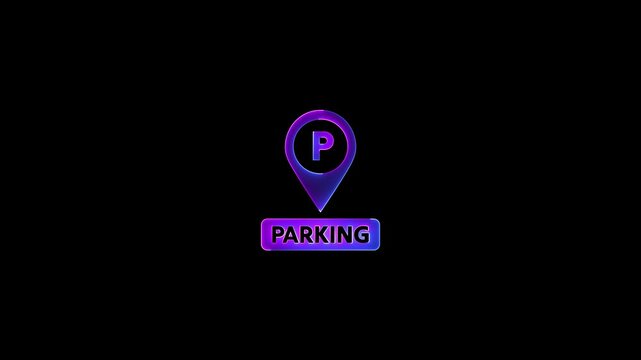 Neon glowing Parking Icon Pin Marker video animation on black background. Parking location, icon of parking location animation. Neon car, cycle, truck, motorcycle, zeep parking sign video animation.