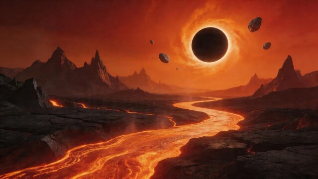 Lava river under black hole sky