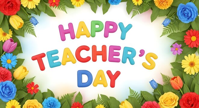 Happy teachers day celebration with colorful flowers and green leaves border thank you celebration greeting colorful education appreciation decoration