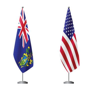 Pitcairn Islands and United States flags on flagpoles for official ceremonies and meetings, transparent background vector