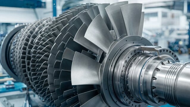 Overview of a gas turbine engine in a manufacturing facility showing detailed rotor blades and casing components during assembly