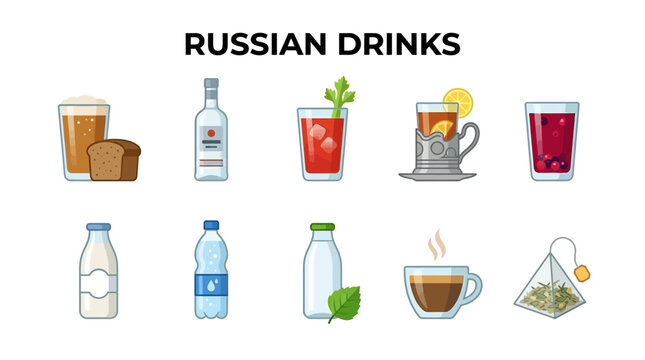 Collection of Russian Drinks and Beverages.